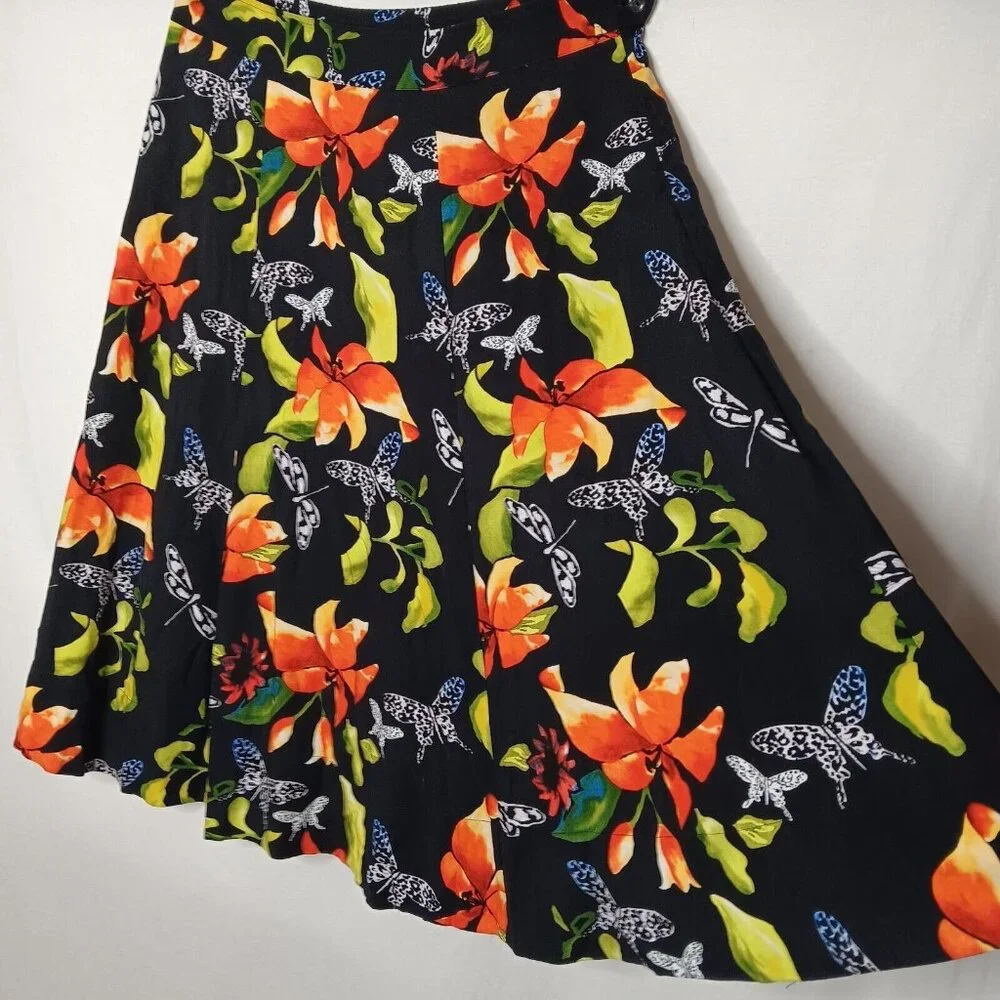 Soft Surroundings Large Skirt Midi Butterfly Black Floral Hawaiian Plumeria Zip - Picture 2 of 10